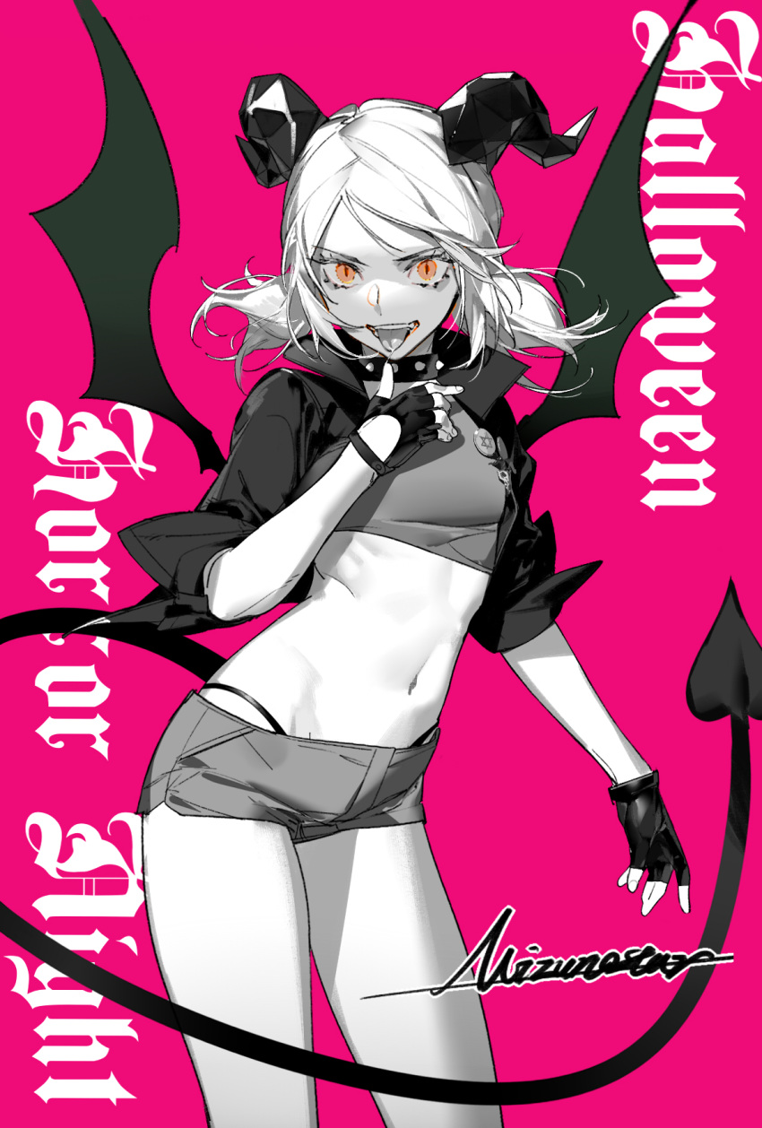 1girl arknights bat_wings breasts choker crop_top cropped_jacket demon_horns demon_tail english_text evil_smile fingerless_gloves gloves highres horns ifrit_(arknights) jacket looking_at_viewer midriff monochrome navel open_mouth orange_eyes pink_background short_hair short_shorts short_twintails shorts shuiye_xing signature simple_background small_breasts smile solo tail thighs thong tongue tongue_out twintails wings