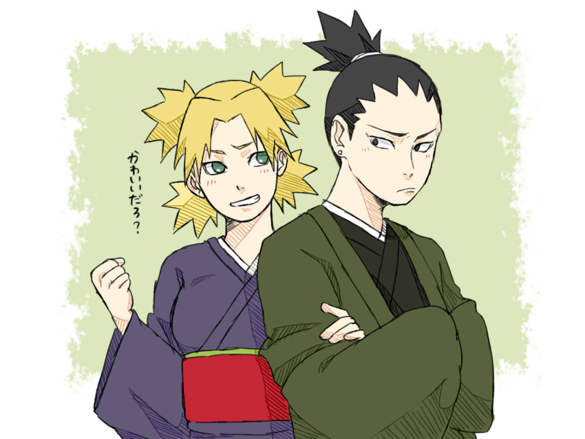 1boy 1girl bangs black_eyes black_hair blonde_hair boruto:_naruto_next_generations closed_mouth couple crossed_arms dress earrings forehead green_eyes green_kimono grin highres japanese_clothes jewelry kimono long_sleeves looking_at_another nara_shikamaru naruto_(series) open_mouth pinoko_(pnk623) ponytail purple_kimono smile teeth temari_(naruto) wedding_dress