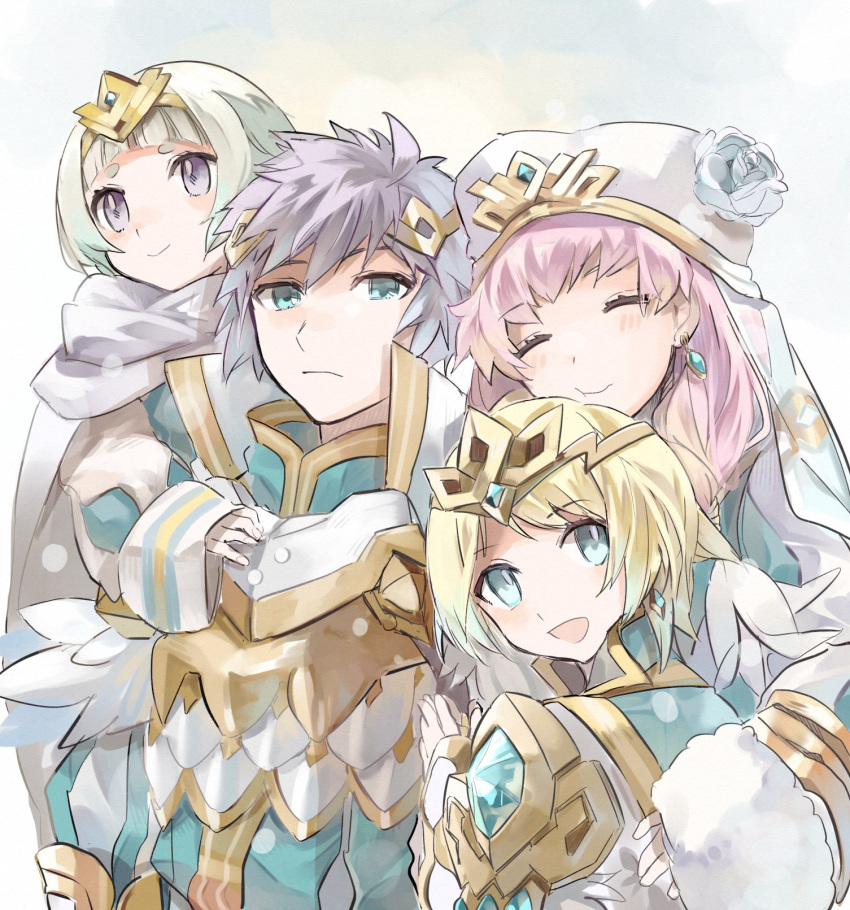 1boy 3girls armor bangs blonde_hair blue_eyes blunt_bangs blush brother_and_sister closed_eyes closed_mouth earrings fire_emblem fire_emblem_heroes fjorm_(fire_emblem) fur_trim group_hug gunnthra_(fire_emblem) hair_ornament highres hrid_(fire_emblem) hug hukashin jewelry multiple_girls open_mouth pink_hair shoulder_armor siblings violet_eyes white_background white_hair ylgr_(fire_emblem)