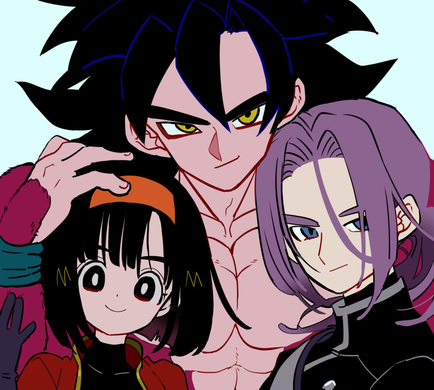 1girl 2boys abs aqua_wristband bangs black_eyes black_gloves black_hair black_jacket blue_eyes buttons dot_nose double-breasted dragon_ball dragon_ball_gt dragon_ball_heroes fingernails gloves grandfather_and_granddaughter grin hairband hand_on_another's_head hand_up high_collar highres jacket kodama_(marugoto_omikan) light_blue_background looking_at_viewer low_ponytail messy_hair multiple_boys muscular muscular_male orange_hairband pan_(dragon_ball) pan_(xeno)_(dragon_ball) parted_bangs pectorals ponytail purple_hair red_jacket short_hair sideways_glance simple_background smile son_goku super_saiyan super_saiyan_4 trunks_(dragon_ball) trunks_(future)_(dragon_ball) trunks_(future)_(xeno)_(dragon_ball) wristband yellow_eyes