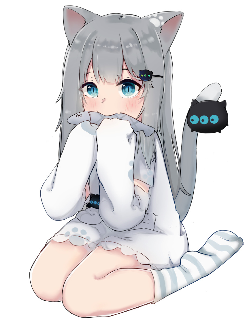1girl absurdres animal animal_ear_fluff animal_ears bangs blue_eyes blush cat_ears cat_girl cat_tail dress eating eyebrows_behind_hair fang fish full_body grey_hair hair_ornament hairclip hands_up highres holding holding_animal holding_fish indie_virtual_youtuber long_hair long_sleeves miaoema nacho_(amashiro_natsuki) no_shoes simple_background sitting sleeves_past_fingers sleeves_past_wrists socks soles solo striped striped_legwear tail tail_raised very_long_hair virtual_youtuber wariza white_background white_dress x_x