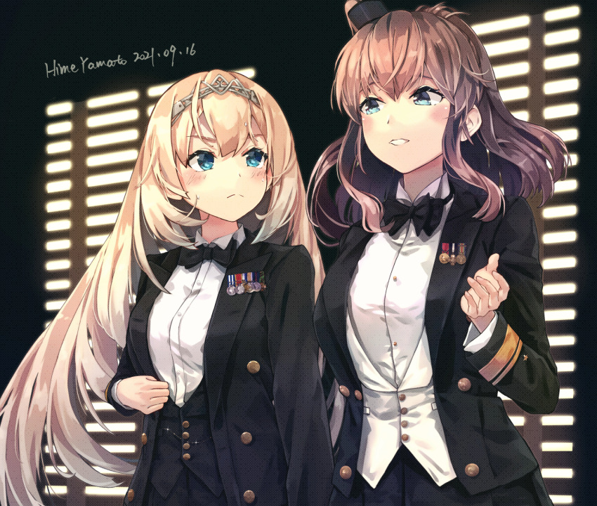 2girls alternate_costume artist_name black_bow black_neckwear black_skirt blonde_hair blue_eyes blush bow bowtie brown_hair buttons closed_mouth collared_shirt copyright_name dated hair_between_eyes hairband highres himeyamato kantai_collection long_hair long_sleeves medal multiple_girls open_mouth pleated_skirt saratoga_(kancolle) shirt side_ponytail skirt the_godfather tiara upper_body victorious_(kancolle) white_shirt