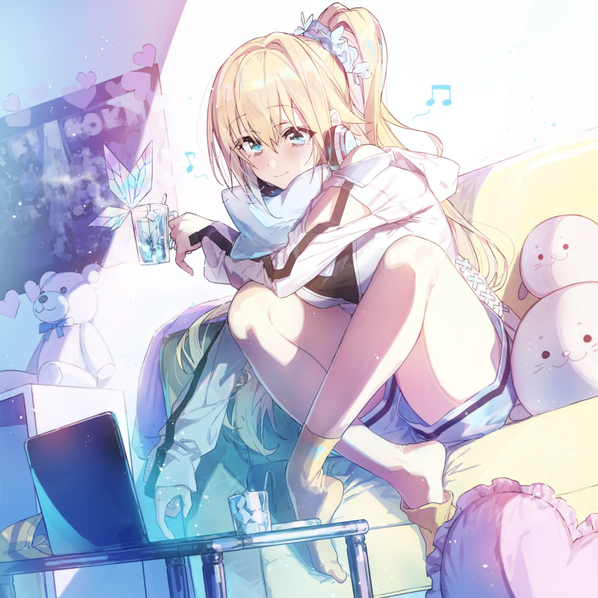 1girl bangs blonde_hair blue_butterfly blue_eyes blue_shorts blush breasts bug butterfly butterfly_hair_ornament closed_mouth computer couch crossed_ankles cup dutch_angle eyebrows_visible_through_hair hair_ornament hair_scrunchie headphones headphones_around_neck heart heart_pillow highres holding holding_cup hood hood_down indoors jacket laptop long_hair long_sleeves medium_breasts mirai_akari mirai_akari_project musical_note off-shoulder_jacket off_shoulder pillow ponytail scrunchie shorts sitting smile socks solo spoon stuffed_animal stuffed_toy teddy_bear wattaro white_jacket yellow_footwear