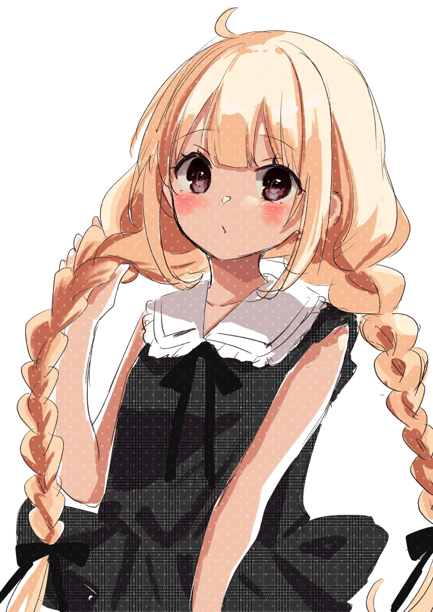 1girl ahoge bangs bare_arms black_bow black_dress blush bow braid brown_eyes brown_hair closed_mouth dress eyebrows_visible_through_hair frilled_sailor_collar frills futaba_anzu hair_bow hand_up highres holding holding_hair idolmaster idolmaster_cinderella_girls idolmaster_cinderella_girls_starlight_stage long_hair looking_at_viewer low_twintails rino_cnc sailor_collar sailor_dress simple_background sleeveless sleeveless_dress solo twin_braids twintails very_long_hair white_background white_sailor_collar