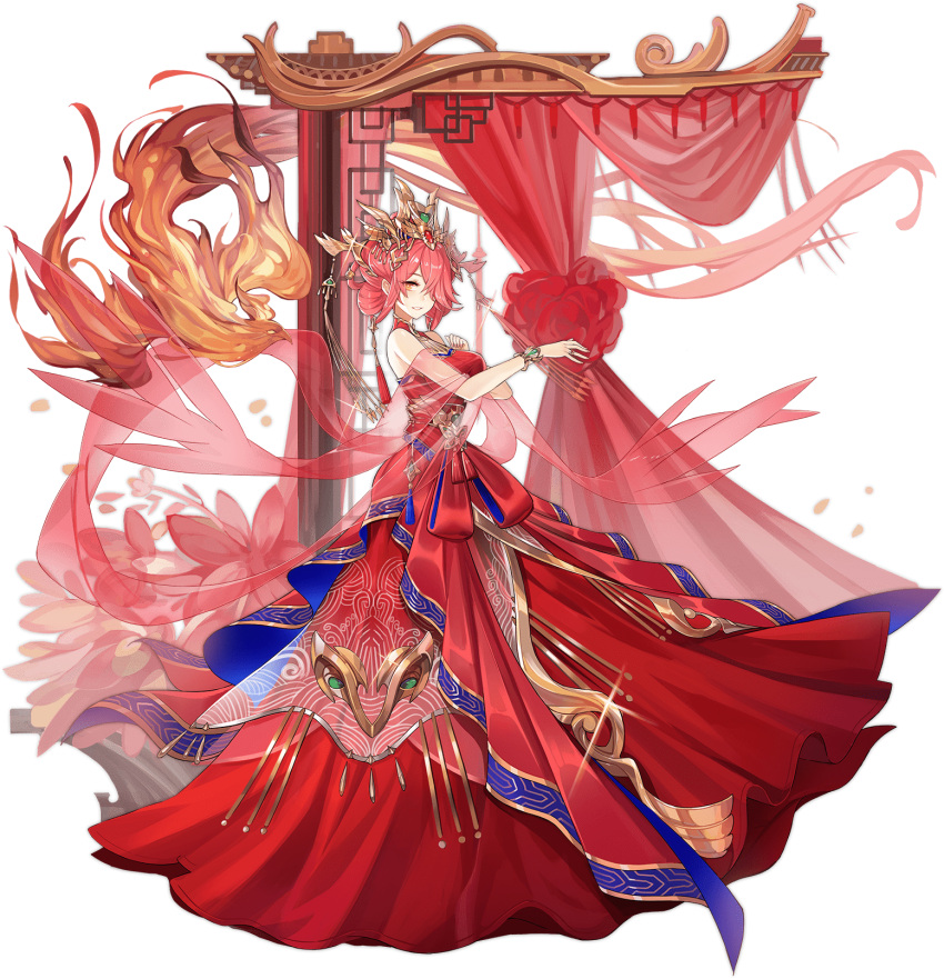 1girl ark_order bangs bird bow bracelet breasts curtains detached_collar detached_sleeves double_bun dress dress_bow fenghuang_(ark_order) fire flame full_body gem gold_trim hair_ornament hair_rings hair_stick highres jewelry large_breasts official_art phoenix red_bow red_dress redhead ring sidelocks sleeveless sleeveless_dress solo tachi-e