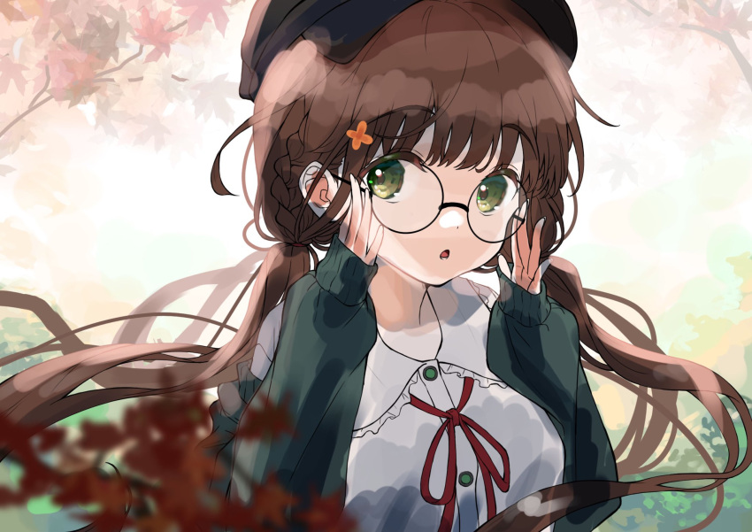 1girl adjusting_eyewear alternate_costume bespectacled breasts brown_hair eyebrows_visible_through_hair glasses gochuumon_wa_usagi_desu_ka? green_eyes green_sweater highres long_hair long_sleeves looking_at_viewer low_twintails medium_breasts parted_lips round_eyewear solo sweater twintails ujimatsu_chiya zumi6