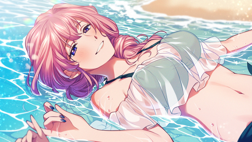 1girl 1other asada_hachi bangs banned_artist bare_shoulders beach bikini blue_nails blush breasts collarbone commentary day highres kousaka_rei la_corda_d'oro la_corda_d'oro_starlight_orchestra large_breasts long_hair looking_at_viewer lying nail_polish navel ocean off_shoulder on_back out_of_frame outdoors parted_lips partially_submerged pink_hair pinky_swear pov pov_hands sand see-through shirt short_sleeves smile solo_focus swimsuit twitter_username violet_eyes water water_drop watermark wet white_shirt