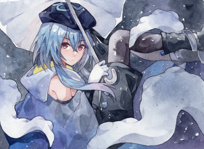 1boy arknights bare_shoulders black_shorts blue_hair blue_sweater boots brown_eyes cotayomengmiao hat highres holding holding_umbrella hood hood_down looking_at_viewer lying mizuki_(arknights) on_side painting_(medium) shorts snowing solo sweater tentacles thigh-highs traditional_media umbrella watercolor_(medium)