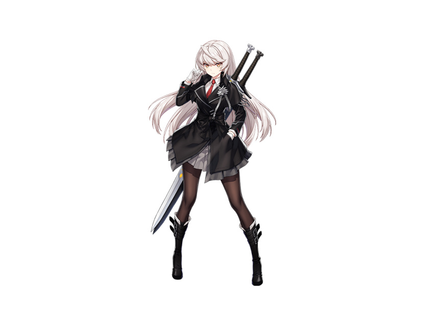 1girl alpha_transparency black_footwear counter_side full_body gloves hand_in_pocket hilde_(counter_side) long_hair long_sleeves looking_at_viewer necktie official_art pantyhose skirt solo sword sword_behind_back weapon white_gloves white_hair yellow_eyes