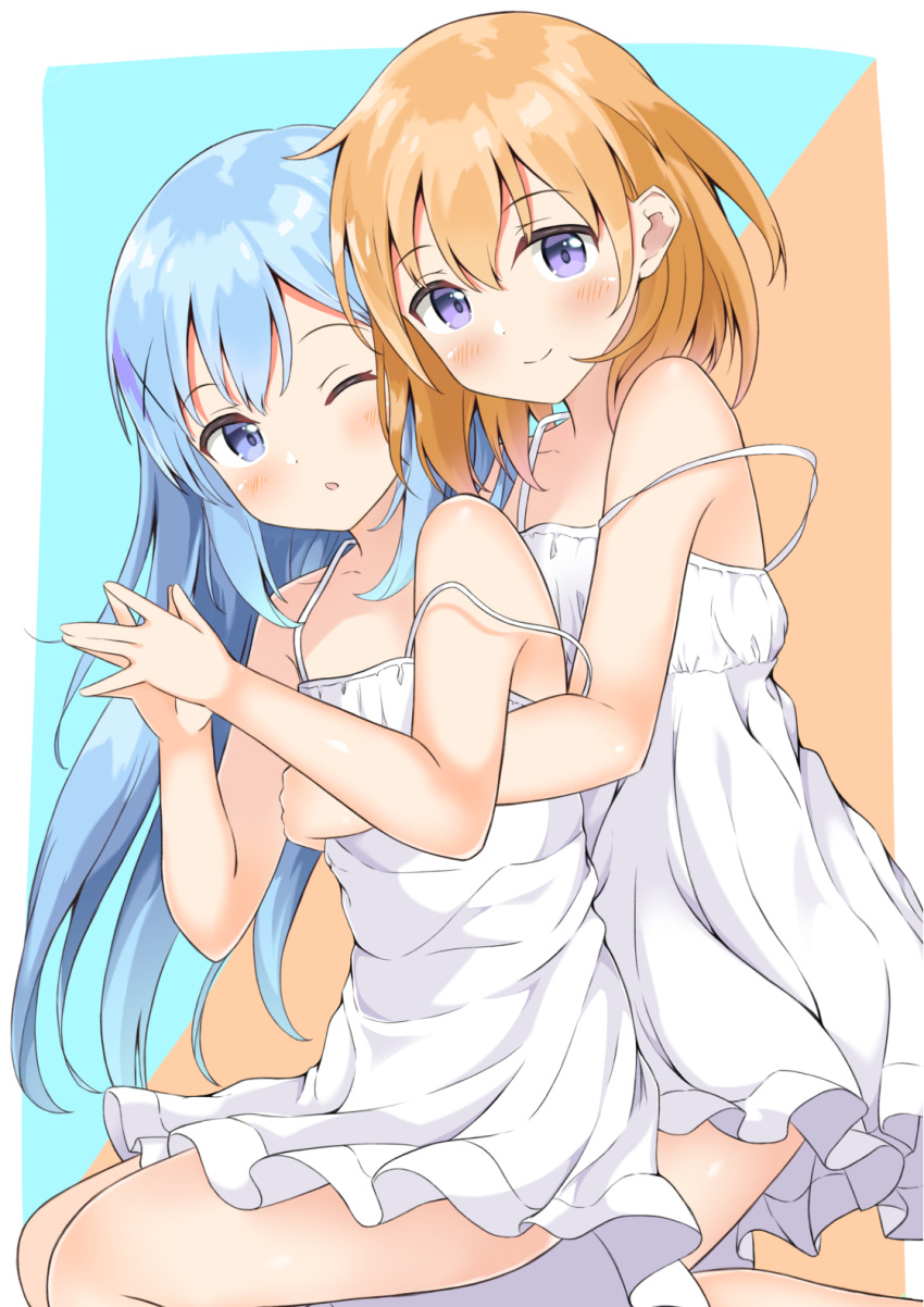 2girls ;o bangs bare_arms bare_shoulders blue_background blue_eyes blue_hair border camisole closed_mouth collarbone commentary_request eyebrows_visible_through_hair feet_out_of_frame gochuumon_wa_usagi_desu_ka? hair_between_eyes hair_ornament hands_up highres hoto_cocoa hug hug_from_behind kafuu_chino keito4f long_hair looking_at_viewer medium_hair multiple_girls one_eye_closed orange_background orange_hair outside_border own_hands_together smile spaghetti_strap strap_slip two-tone_background very_long_hair violet_eyes white_border white_camisole x_hair_ornament