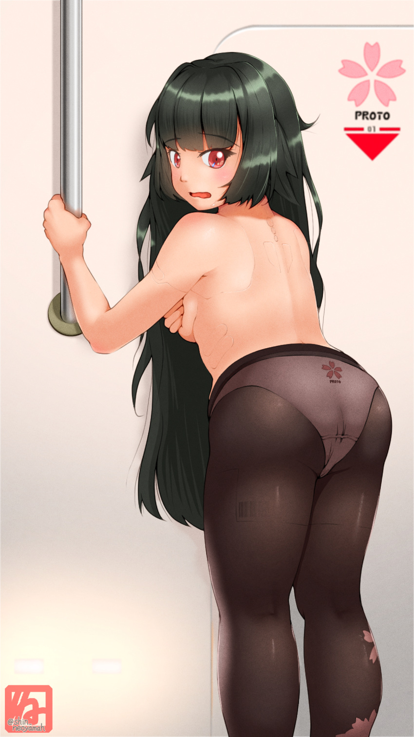 absurdres android barcode barcode_tattoo black_hair breasts cherry_blossom_print covering covering_breasts floral_print girls_frontline highres long_hair mechanical_parts medium_breasts neoyamah panties panties_under_pantyhose pantyhose red_eyes tattoo type_100_(girls'_frontline) underwear very_long_hair