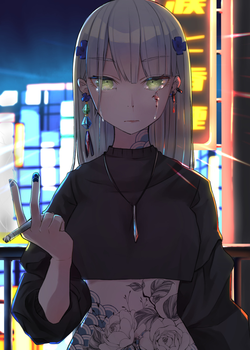 1girl bangs blood blood_from_eyes blue_hair blue_nails breasts cigarette closed_mouth crossed_bangs earrings eye_piercing eyebrows_visible_through_hair girls_frontline green_eyes highres hk416_(girls'_frontline) holding holding_cigarette japan japanese_clothes jewelry kimono long_hair looking_at_viewer nail_polish neck_tattoo necklace sakana-ko solo tattoo tears