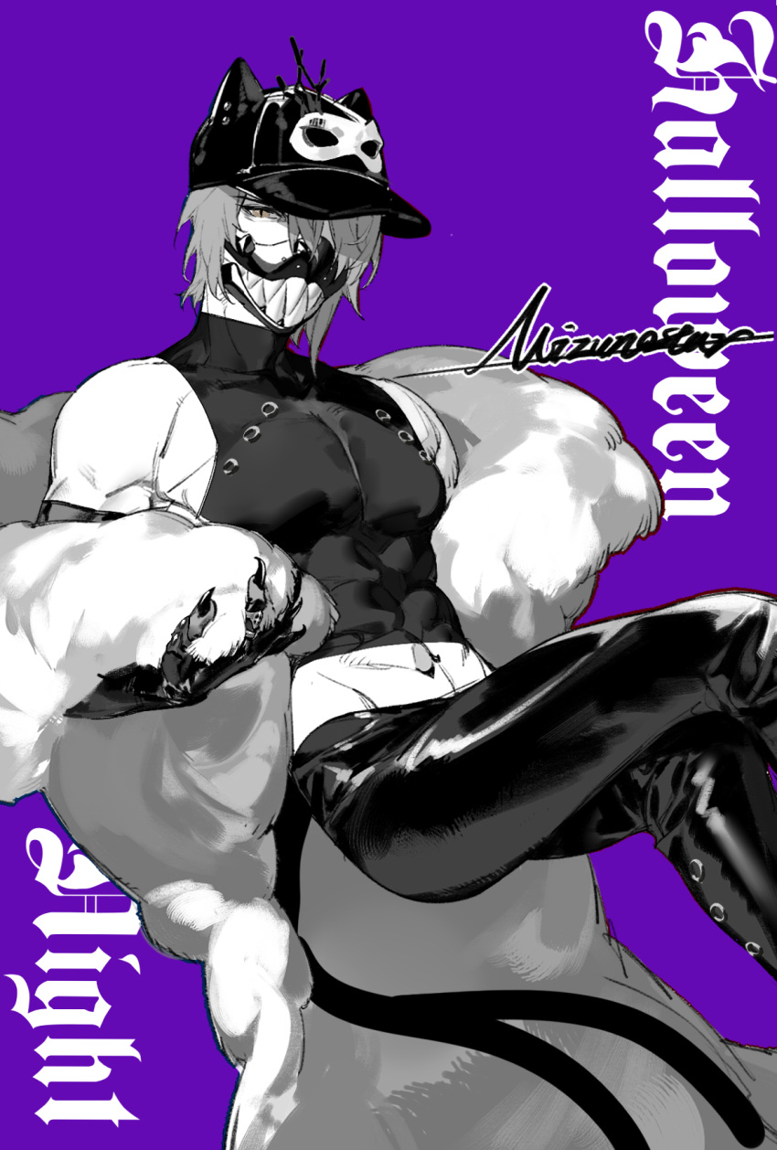 1boy abs animal_ears arknights bare_shoulders baseball_cap black_legwear cape cat_ears claws crop_top elbow_gloves english_text fur_cape gloves hat highres mask midriff monochrome multiple_tails navel one_eye_covered phantom_(arknights) purple_background shuiye_xing signature simple_background solo tail two_tails white_cape yellow_eyes