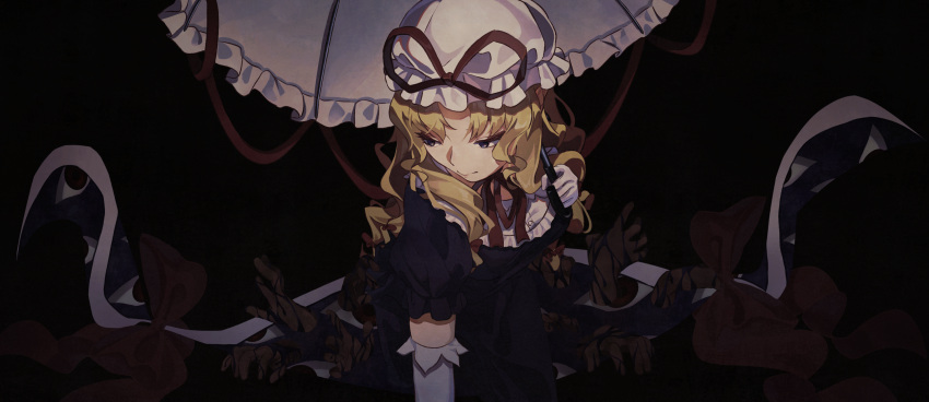 1girl bangs black_background blonde_hair bow breasts choker colored_eyelashes dark darkness dress elbow_gloves expressionless frilled_sleeves frills gap_(touhou) gloves hair_bow hands highres holding holding_umbrella long_hair looking_down looking_to_the_side medium_breasts parted_bangs puffy_short_sleeves puffy_sleeves purple_dress reaching_out red_eyes red_ribbon ribbon ribbon_choker ribbon_trim short_sleeves sidelocks simple_background solo stepping suguni texture touhou umbrella upper_body violet_eyes white_gloves yakumo_yukari