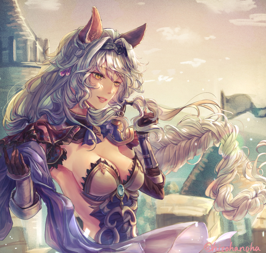 1girl animal_ears backless_outfit braid braided_ponytail breasts erune granblue_fantasy heles highres hitohanoha long_hair medium_breasts parted_lips post_guild_war_celebration solo very_long_hair yellow_eyes