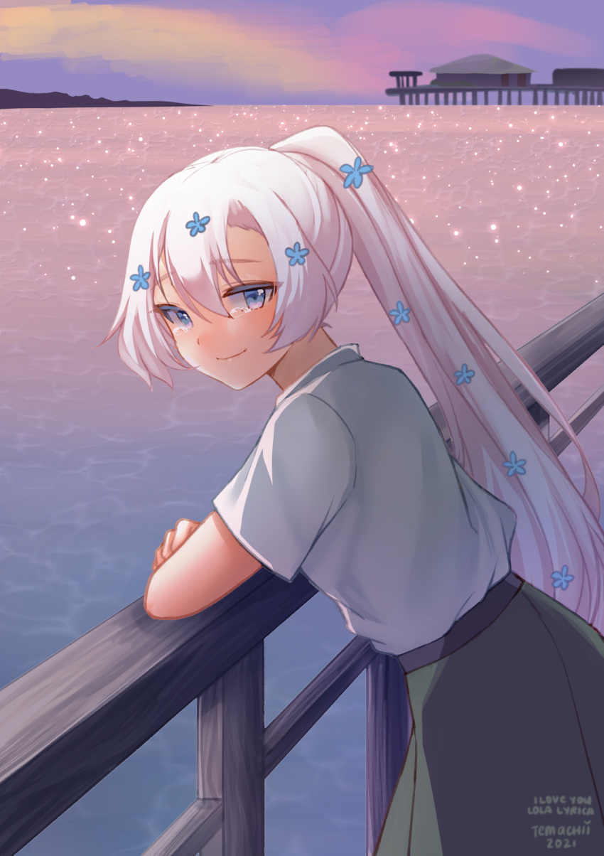 1girl blue_eyes blue_flower character_name closed_mouth flower from_side green_skirt grey_hair hair_flower hair_ornament happy_tears highres horizon indie_virtual_youtuber leaning_forward long_hair looking_at_viewer looking_to_the_side lyrica_(vtuber) ocean outdoors ponytail railing shirt short_sleeves sidelocks signature skirt smile solo tears temachii white_shirt