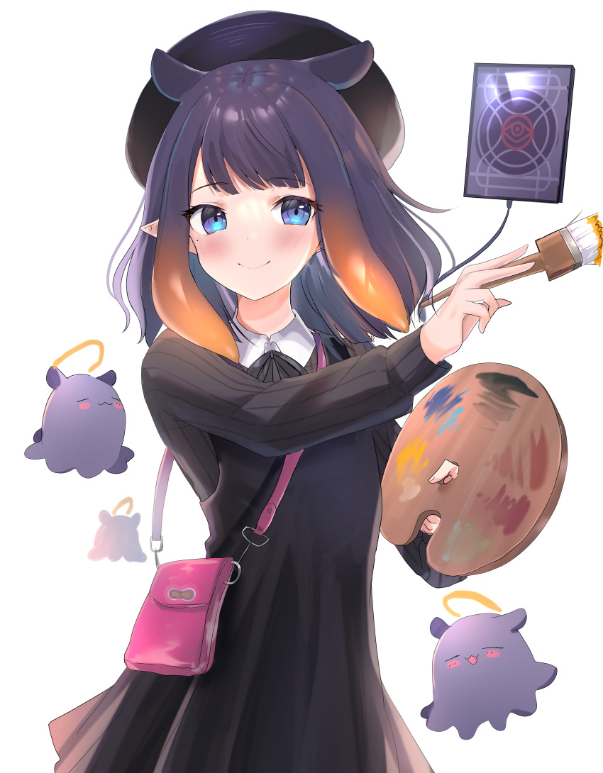 1girl absurdres ao-chan_(ninomae_ina'nis) bag bangs beret black_dress black_headwear blue_eyes blunt_bangs dress eyebrows_visible_through_hair handbag hat highres holding hololive hololive_english huge_filesize long_hair long_sleeves looking_at_viewer maru_ccy multicolored_hair ninomae_ina'nis official_alternate_costume paintbrush painting palette_(object) pointy_ears purple_hair smile solo tablet_pc tako_(ninomae_ina'nis) tentacle_hair tentacles virtual_youtuber