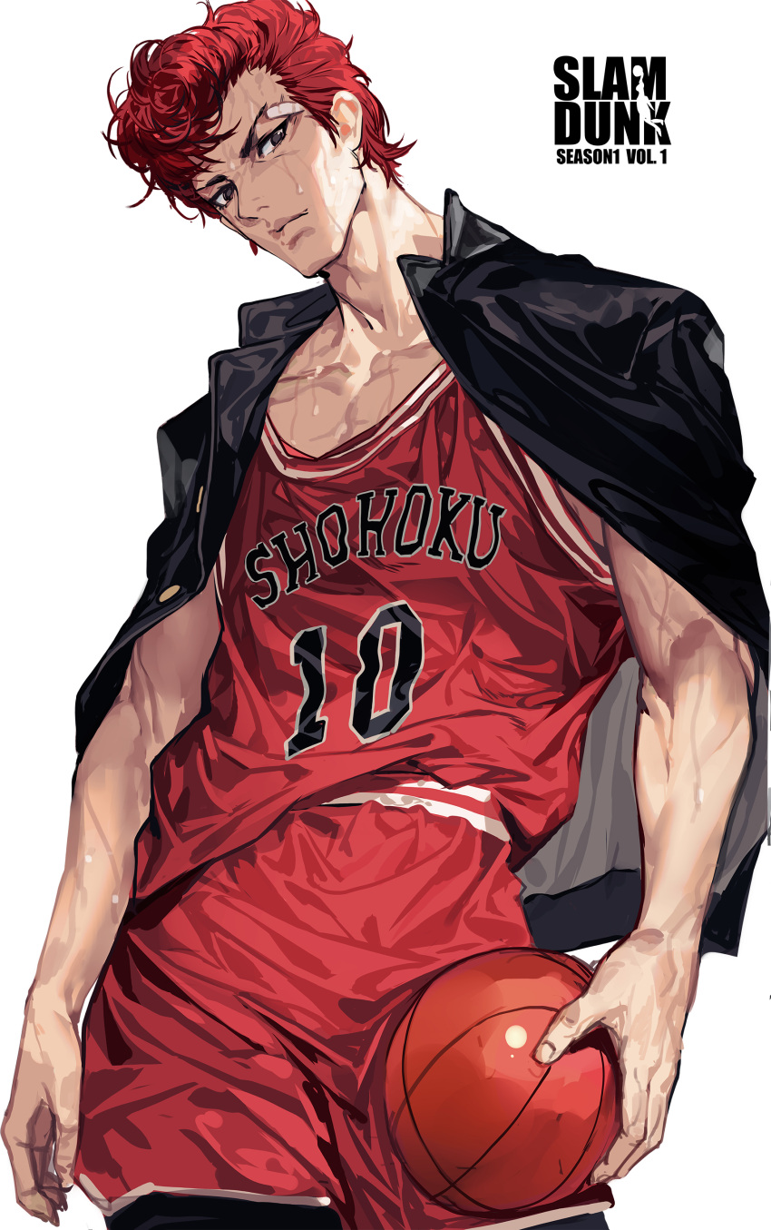 1boy absurdres ball bandaid bandaid_on_face basketball basketball_jersey basketball_uniform black_eyes black_jacket closed_mouth copyright_name cowboy_shot grandia_lee highres holding holding_ball jacket jacket_on_shoulders looking_at_viewer male_focus pompadour red_shorts redhead sakuragi_hanamichi short_hair shorts simple_background slam_dunk solo sportswear standing sweat white_background
