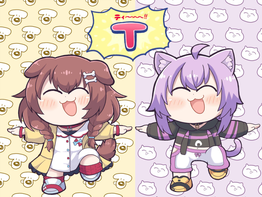 2girls :3 animal_collar animal_ears bone_hair_ornament braid brown_hair cat_ears cat_girl chibi closed_eyes collar dog_ears dog_girl dress hair_ornament highres hololive hoso-inu inugami_korone jacket low_twin_braids matarou_(matarou072) multiple_girls navel nekomata_okayu open_mouth outstretched_arms pants red_collar shoes smile sneakers standing standing_on_one_leg sweater sweatpants tail twin_braids virtual_youtuber white_dress yellow_jacket