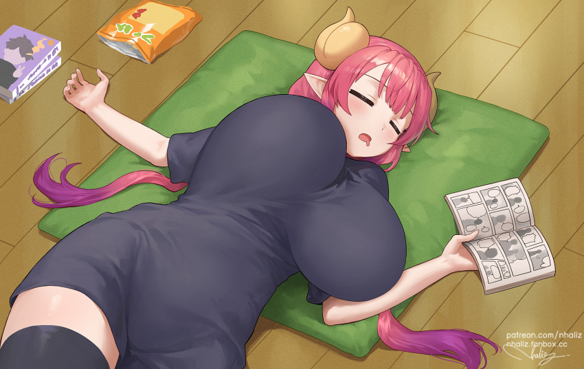 1girl bangs black_legwear black_shirt blunt_bangs breasts chips closed_eyes dragon_horns drooling food gradient_hair holding horns huge_breasts ilulu_(maidragon) kobayashi-san_chi_no_maidragon light_blush long_hair low_twintails lying manga_(object) multicolored_hair nhaliz on_back on_floor open_mouth patreon_username pink_hair pointy_ears potato_chips purple_hair shiny shiny_hair shirt short_sleeves signature sleeping solo thigh-highs thighs twintails unaligned_breasts watermark web_address wooden_floor