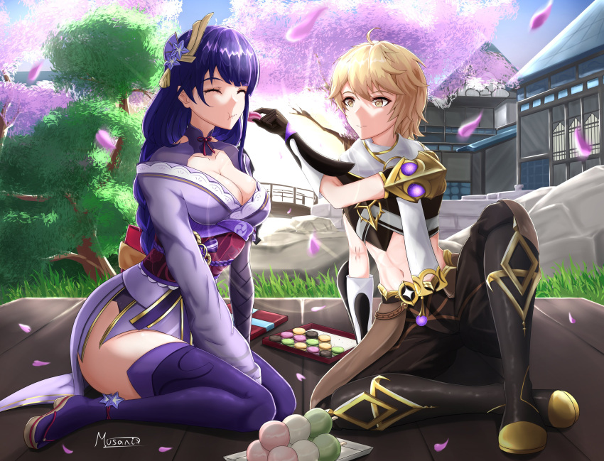 1boy 1girl absurdres aether_(genshin_impact) bangs blonde_hair braid cherry_blossoms day dress flower food garden genshin_impact hair_ornament highres japanese_clothes kimono kneeling long_hair mole mole_under_eye musanix outdoors purple_flower purple_hair raiden_shogun sash simple_background sitting smile sweets thigh-highs violet_eyes