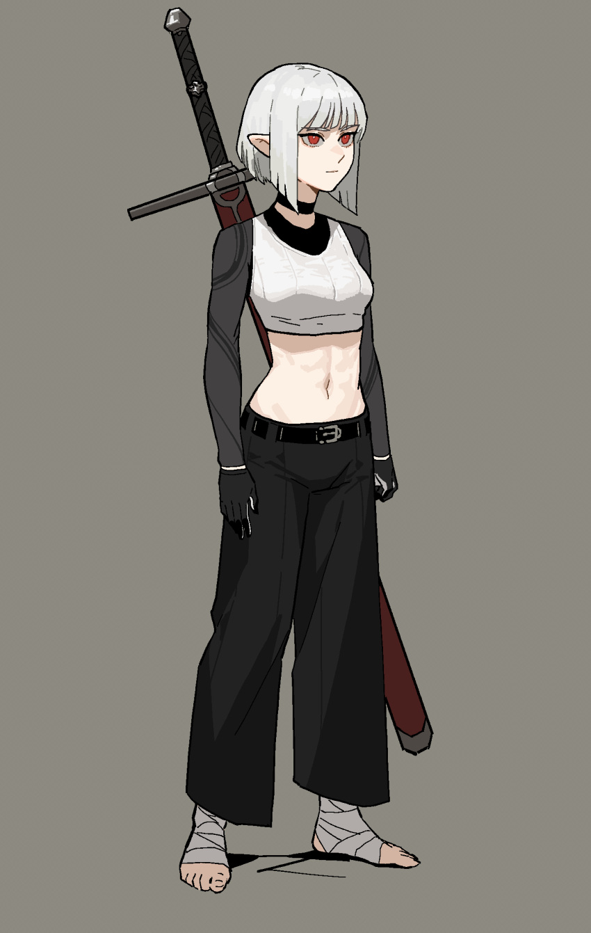1girl :| abs bad_id bad_twitter_id bandaged_hands bandages belt black_belt black_gloves black_pants bob_cut closed_mouth cropped_shirt full_body gloves gogalking grey_background grey_hair highres huge_weapon inverted_bob midriff navel original pants pointy_ears red_eyes sanpaku scabbard sheath sheathed shirt short_hair simple_background solo standing stirrup_legwear sword toeless_legwear toned weapon weapon_on_back white_shirt