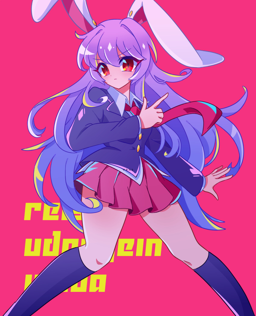 1girl animal_ears bangs black_legwear blazer character_name collared_shirt eyebrows_visible_through_hair finger_gun hair_between_eyes highres jacket light_purple_hair long_hair long_sleeves miniskirt necktie oataruu pink_skirt pleated_skirt rabbit_ears red_background red_eyes red_neckwear reisen_udongein_inaba shirt skirt socks solo touhou white_shirt