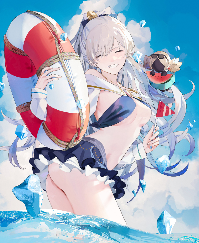 1girl absurdres anastasia_(fate) anastasia_(swimsuit_archer)_(fate) ass bangs bikini bikini_skirt black_bikini bow breasts closed_eyes clouds commentary_request detached_sleeves eyewear_on_head facing_viewer fate/grand_order fate_(series) food fruit hair_bow highres ice jewelry lifebuoy long_hair medium_breasts mini_flag necklace outdoors parai0 ponytail smile strapless strapless_bikini swimsuit teeth viy_(fate) wading water watermelon watermelon_slice white_hair