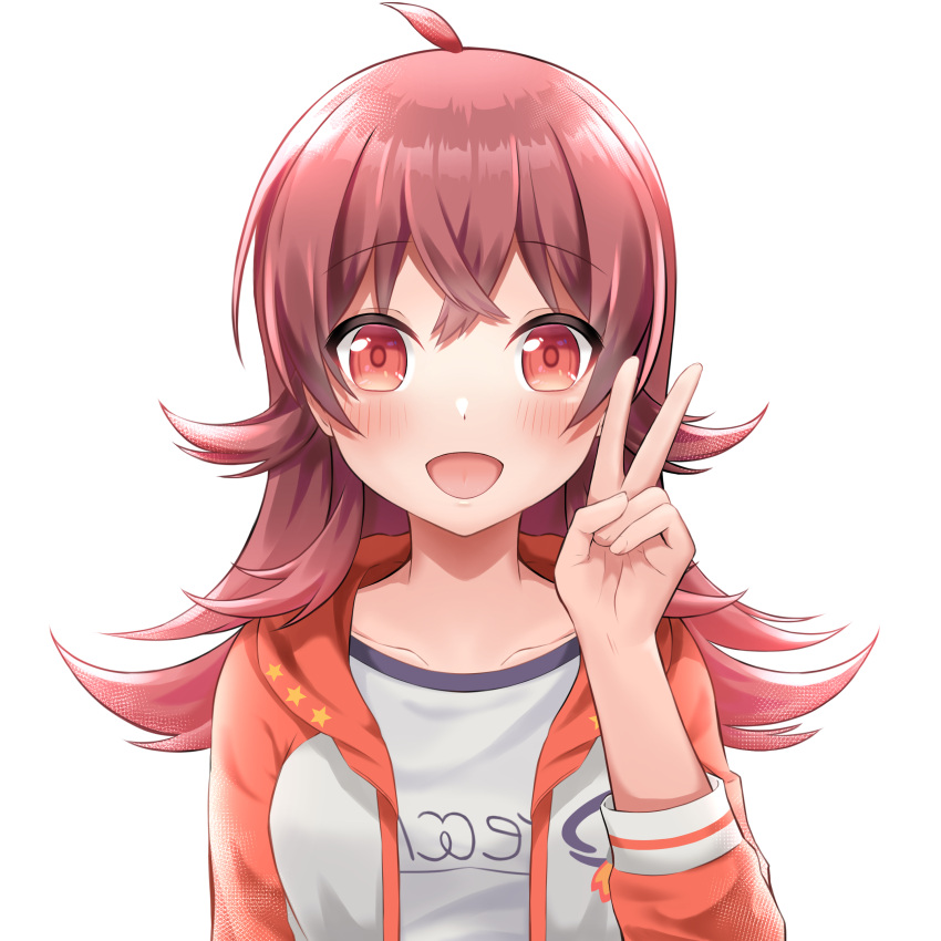 1girl :d absurdres ahoge blush eyebrows_visible_through_hair highres hood hoodie idolmaster idolmaster_shiny_colors komiya_kaho long_sleeves looking_at_viewer open_clothes open_hoodie open_mouth pemoyashi_(tianoblue) red_eyes redhead simple_background smile upper_body v white_background