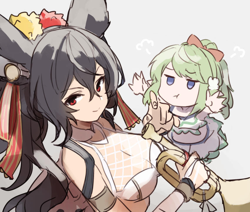 2girls animal_ears black_hair breasts erune gazacy_(dai) granblue_fantasy green_hair harvin highres ilsa_(granblue_fantasy) instrument medium_breasts mimlememel multiple_girls post_guild_war_celebration pout reaching_out red_eyes trumpet