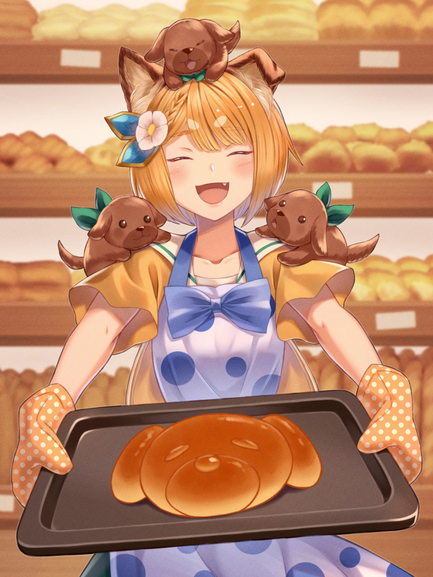 1girl :d ^_^ alternate_costume animal_ear_fluff animal_ears animal_on_head animal_on_shoulder apron bakery baking_sheet bangs blonde_hair blue_bow blush bow braid bread brown_shirt closed_eyes collarbone commentary_request dog dog_ears erune eyebrows_visible_through_hair facing_viewer fang flower food granblue_fantasy hair_flower hair_ornament happy highres holding on_head open_mouth oven_mitts sailor_collar shirt shop short_hair short_sleeves smile thick_eyebrows umiboozu_(uminoyoukai) vajra_(granblue_fantasy) white_apron white_flower white_sailor_collar