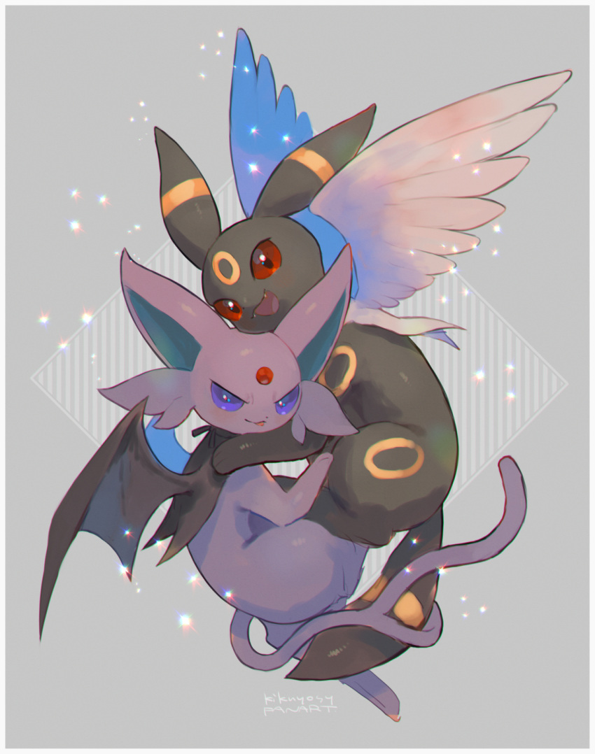 :d commentary_request espeon fangs highres kikuyoshi_(tracco) looking_at_viewer no_humans open_mouth pokemon pokemon_(creature) red_eyes smile toes tongue umbreon wings