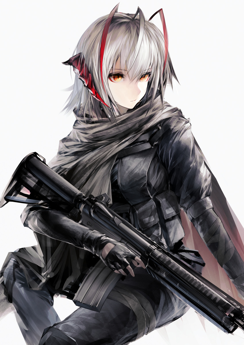 1girl absurdres ahoge alternate_costume arknights assault_rifle black_cape black_pants black_scarf black_shirt cape commentary_request demon_horns feet_out_of_frame firearm_request grey_hair gun hair_between_eyes highres holding holding_gun holding_weapon horns looking_to_the_side pants pouch rifle scarf shirt short_hair simple_background sitting solo t800 w_(arknights) weapon white_background