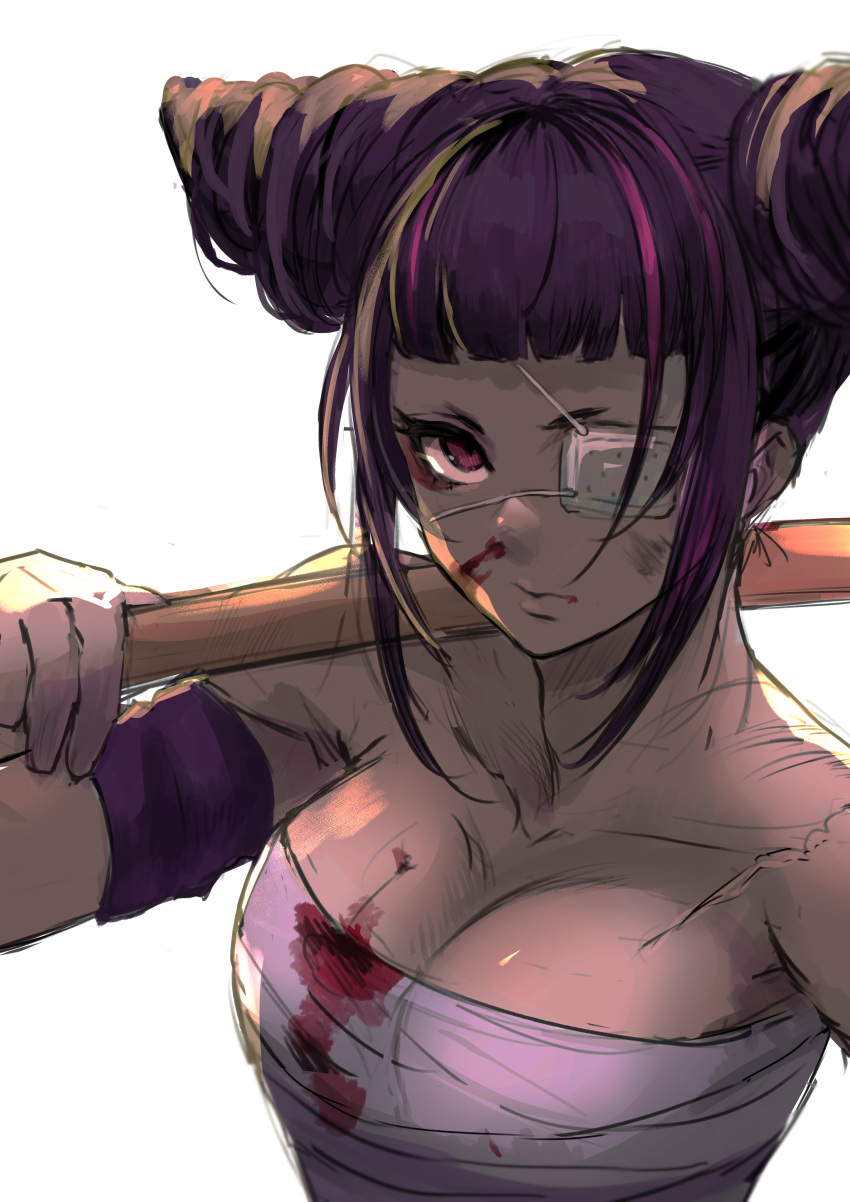 6maker absurdres bandages bangs black_hair blood blood_on_clothes breasts eyepatch han_juri highres looking_at_viewer muscular muscular_female sarashi serious street_fighter violet_eyes