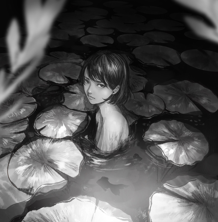 1girl bob_cut closed_mouth fish greyscale highres lily_pad looking_at_viewer medium_hair monochrome original outdoors partially_submerged solo upper_body wataboku