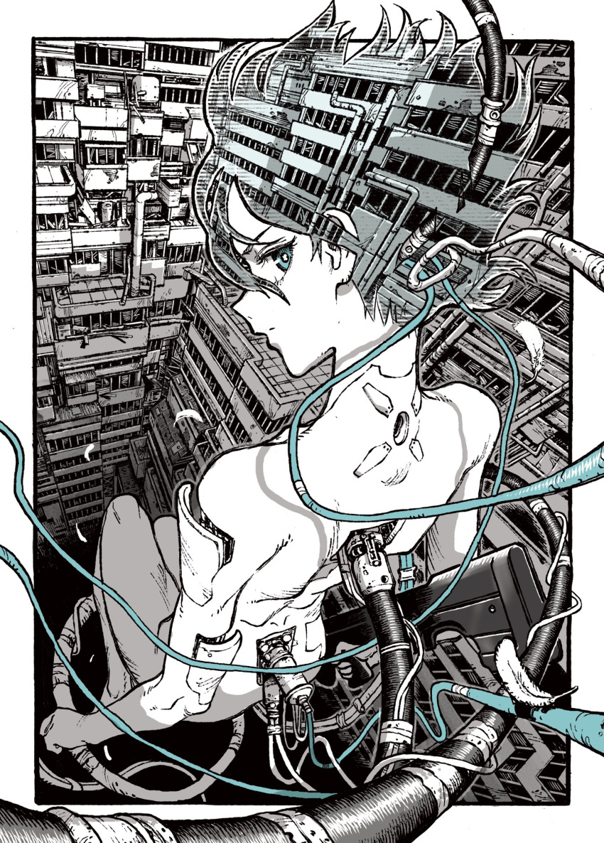 1girl assembling bare_shoulders blue_eyes cable city cyberpunk cyborg ghost_in_the_shell greyscale gun highres holding holding_gun holding_weapon kusanagi_motoko looking_back machinery mechanism monochrome omao science_fiction short_hair solo subdermal_port transparent weapon