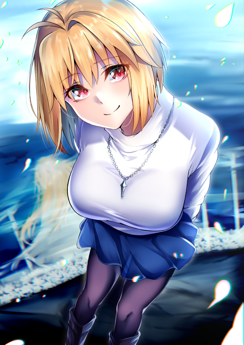 1girl absurdres antenna_hair arcueid_brunestud arms_behind_back bangs black_legwear blonde_hair blue_skirt blush boots breasts chain_necklace closed_mouth commentary_request dutch_angle eyebrows_visible_through_hair feet_out_of_frame from_above head_tilt highres jewelry large_breasts leaning_forward len_(hand_linke) looking_at_viewer miniskirt necklace night outdoors pantyhose petals pleated_skirt red_eyes short_hair sidelocks skirt smile solo standing sweater tsukihime tsukihime_(remake) turtleneck turtleneck_sweater upturned_eyes white_sweater