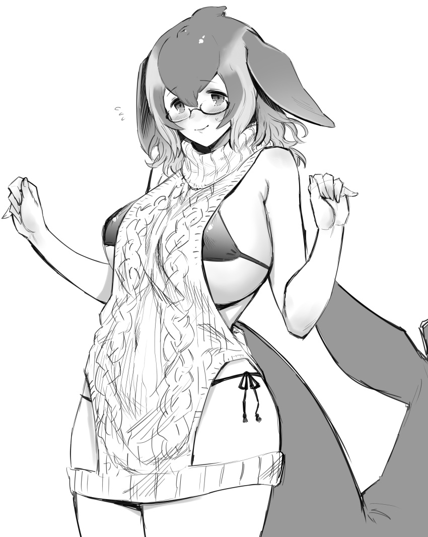 1girl absurdres alternate_breast_size alternate_costume backless_dress backless_outfit bangs bare_arms bare_shoulders bikini bikini_under_clothes blowhole blue_whale_(kemono_friends) blush breasts closed_mouth covered_nipples dress flustered flying_sweatdrops gigantic_breasts glasses greyscale hair_between_eyes halterneck hands_up head_fins highres hihiyama_yokikana kemono_friends looking_at_viewer medium_hair meme_attire monochrome semi-rimless_eyewear side-tie_bikini sideboob simple_background sketch sleeveless sleeveless_turtleneck smile solo sweater sweater_dress swimsuit tail turtleneck turtleneck_sweater under-rim_eyewear virgin_killer_sweater whale_tail_(animal_tail) white_background
