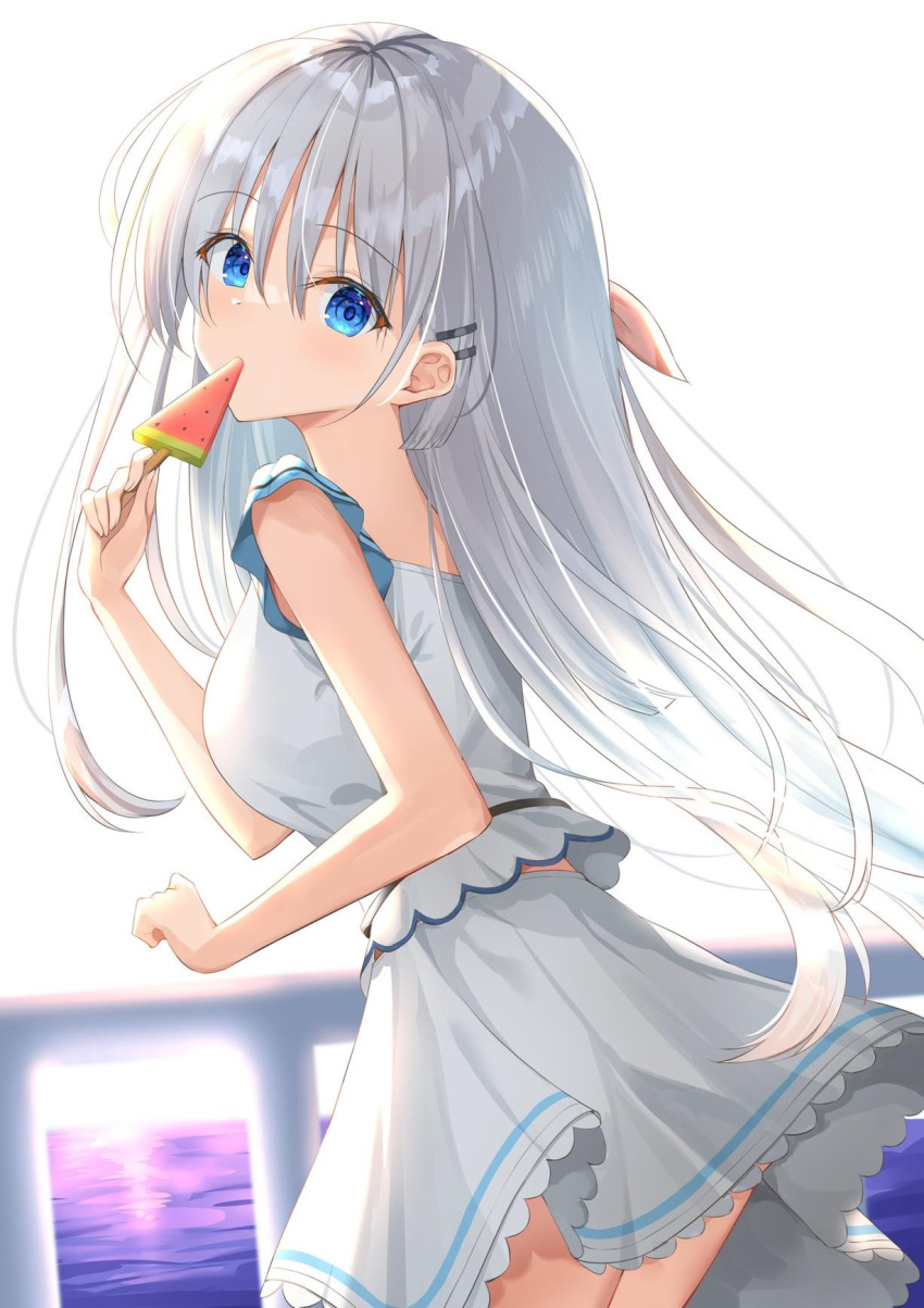 1girl bangs blouse blue_eyes breasts eyebrows_visible_through_hair food hair_between_eyes hair_ornament hair_ribbon hairclip highres holding holding_food kanaria_hisagi large_breasts long_hair looking_at_viewer looking_back naruse_shiroha ocean outdoors popsicle railing ribbon silver_hair skirt sleeveless solo summer_pockets watermelon_bar white_blouse white_skirt