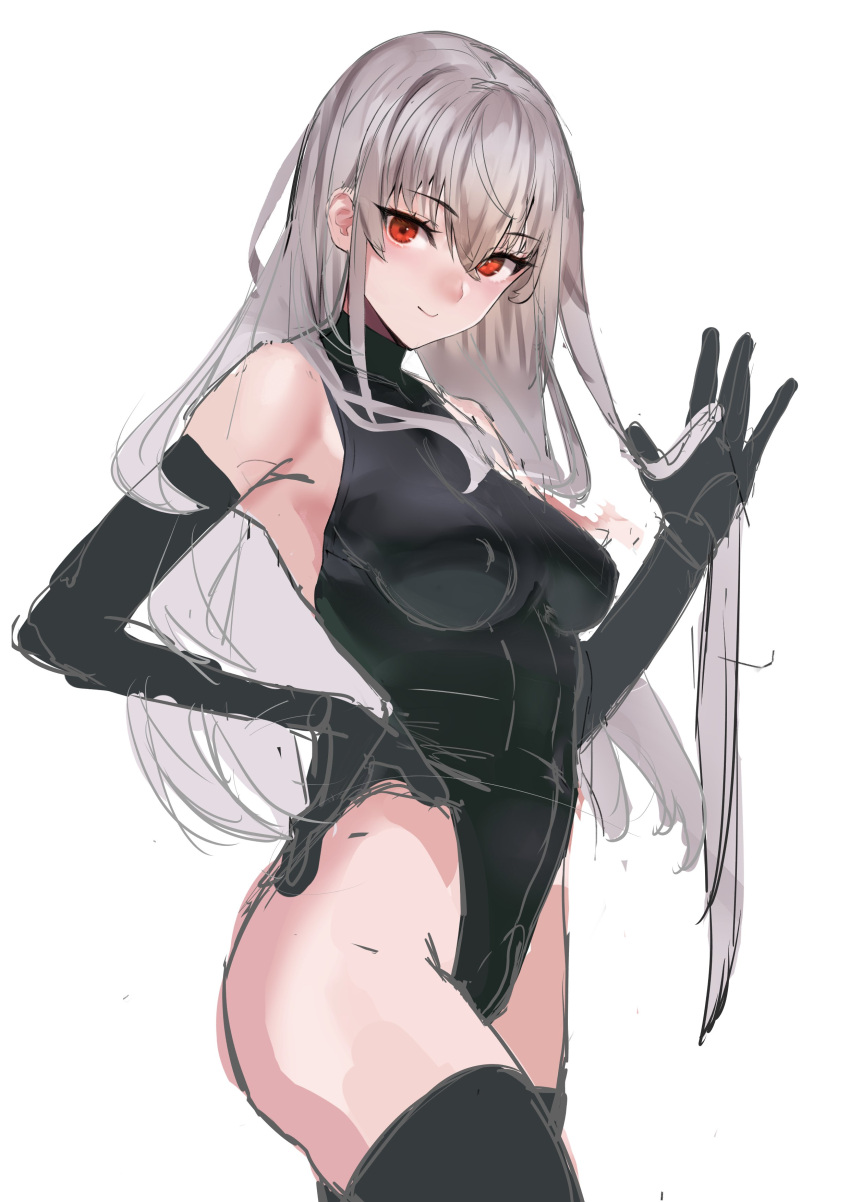 1girl absurdres black_legwear black_leotard breasts elbow_gloves gloves grey_hair hand_on_hip highleg highleg_leotard highres leotard looking_at_viewer original playing_with_own_hair red_eyes tani_wataru thigh-highs thighs