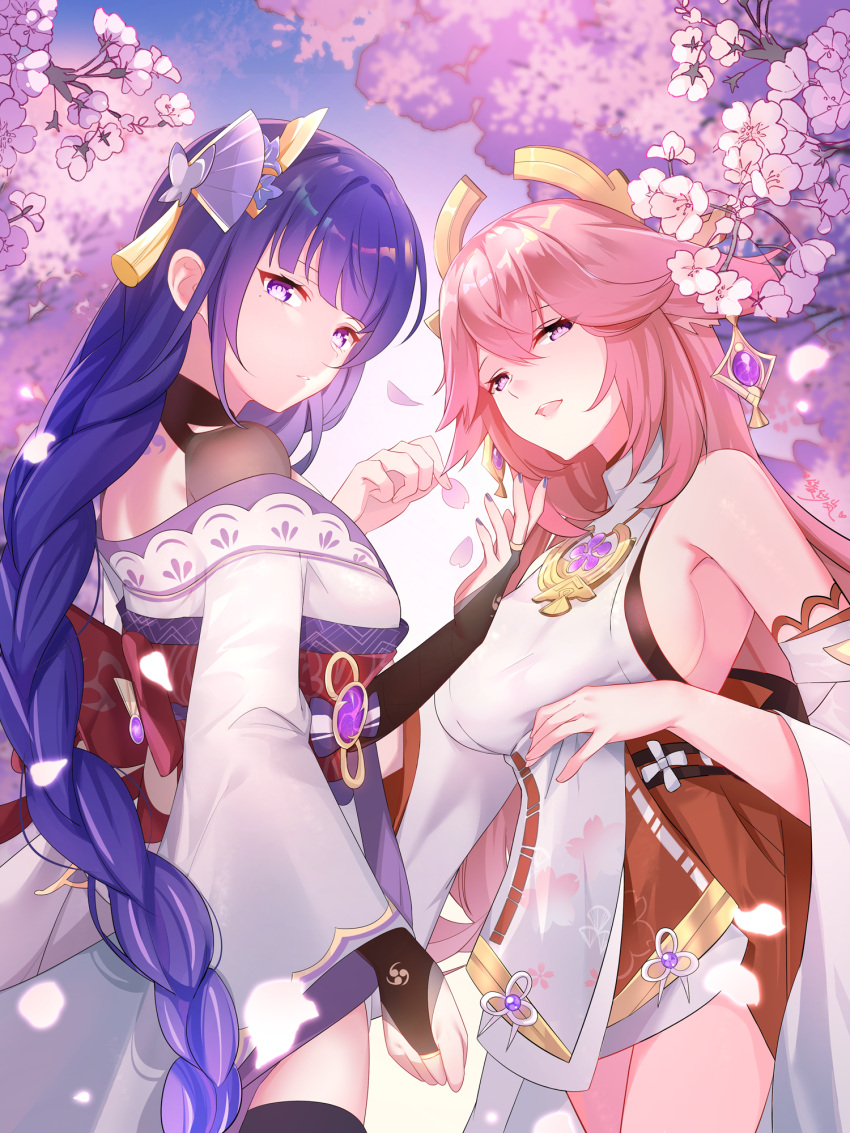 2girls animal_ears breasts cherry_blossoms closed_mouth commentary_request earrings fox_ears genshin_impact hair_ornament highres japanese_clothes jewelry kimono large_breasts lingshalan long_hair miko multiple_girls open_mouth pink_hair purple_hair purple_kimono raiden_shogun smile violet_eyes yae_(genshin_impact)