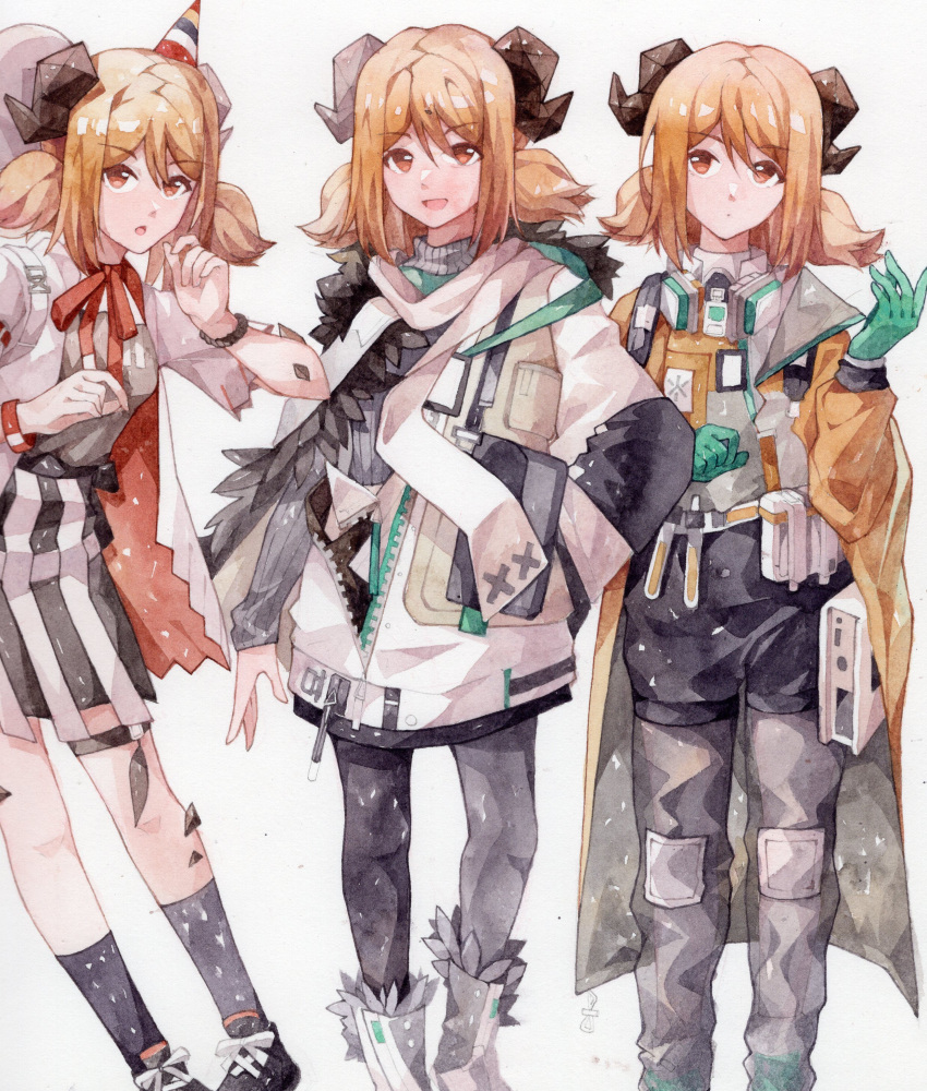 1girl absurdres arknights balloon belt_pouch black_legwear blonde_hair bow bowtie coat cosplay costume_switch cotayomengmiao demon_horns dress feathers gloves hat highres horns ifrit_(arknights) ifrit_(children's_party)_(arknights) looking_at_viewer mask mask_around_neck official_alternate_costume open_mouth orange_eyes oripathy_lesion_(arknights) painting_(medium) party_hat pouch scarf short_sleeves short_twintails silence_(arknights) silence_(frosted_breath)_(arknights) silence_(lacquer)_(arknights) smile tail test_tube thigh-highs thigh_strap traditional_media twintails watercolor_(medium) wristband yellow_coat