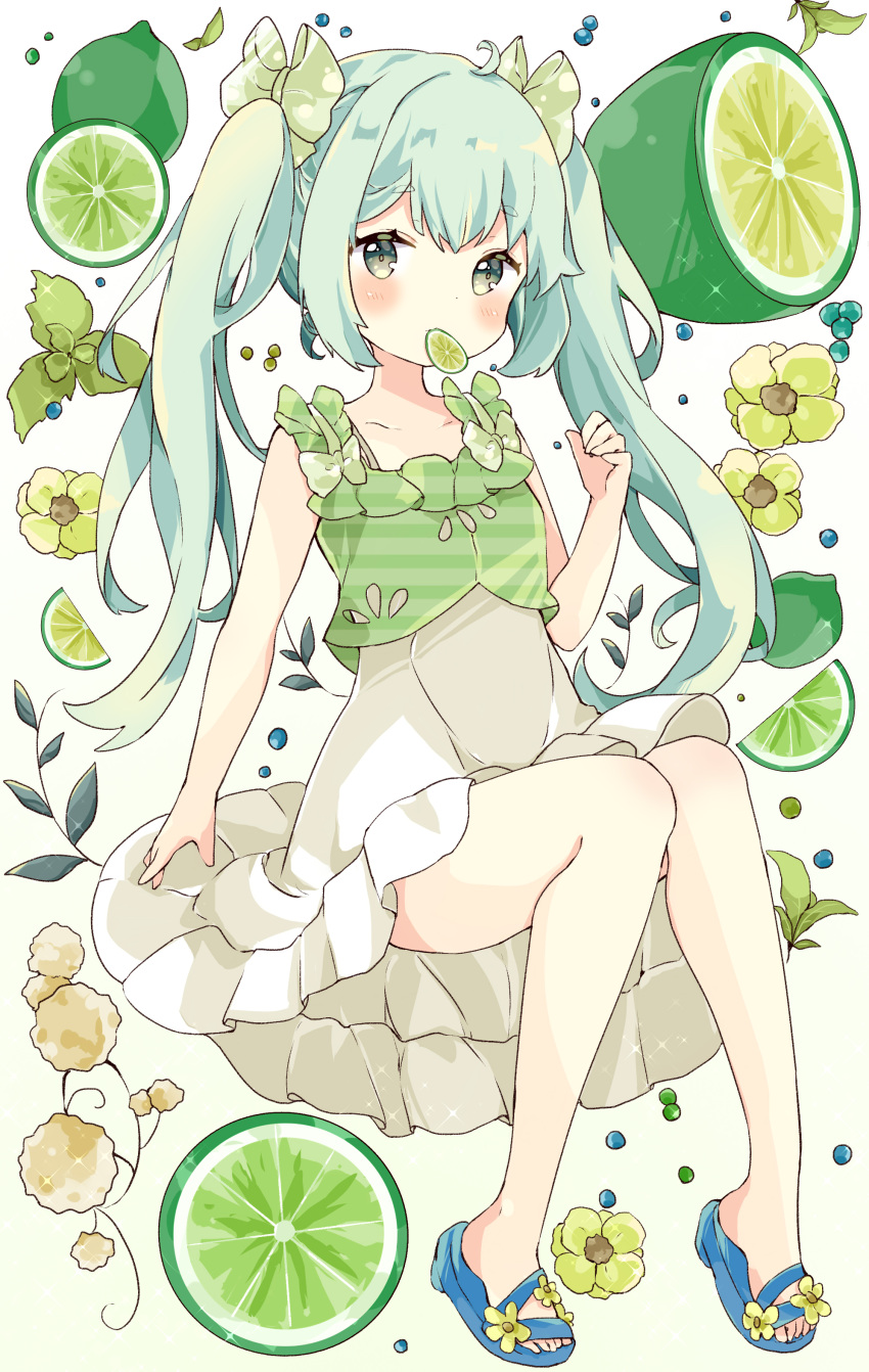 1girl absurdres ahoge bangs blue_footwear blush bow camisole commentary dress eyebrows_visible_through_hair food_in_mouth frilled_dress frills full_body green_bow green_camisole green_eyes green_hair hair_bow highres lime_slice long_hair mouth_hold original sandals short_eyebrows sitting solo symbol-only_commentary thick_eyebrows tsukiyo_(skymint) twintails very_long_hair white_dress