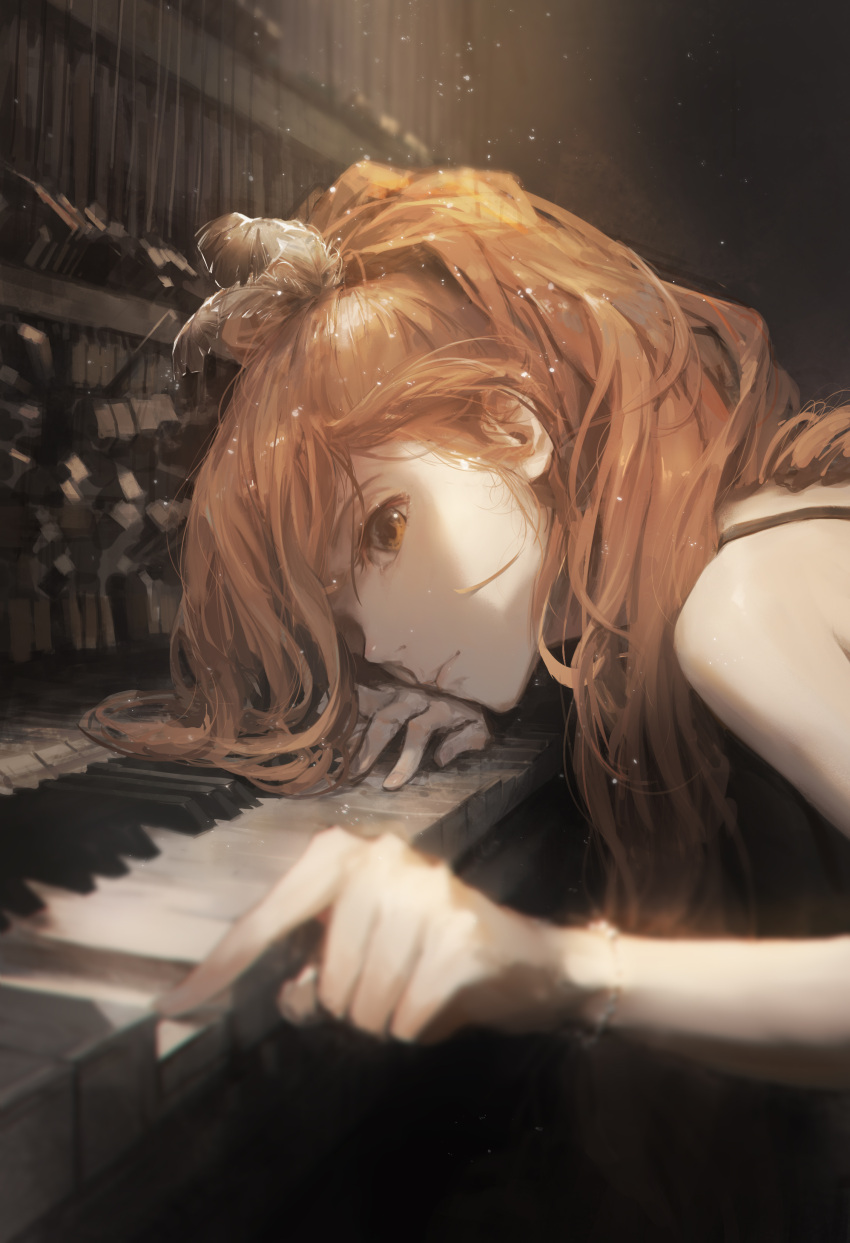 1girl absurdres bangs bare_shoulders blurry blurry_foreground bracelet brown_eyes brown_hair closed_mouth depth_of_field dino_(dinoartforame) feather_hair_ornament feathers hair_ornament highres hololive hololive_english instrument jewelry light_particles long_hair looking_to_the_side music nanashi_mumei piano playing_instrument ponytail sleeveless solo upper_body virtual_youtuber