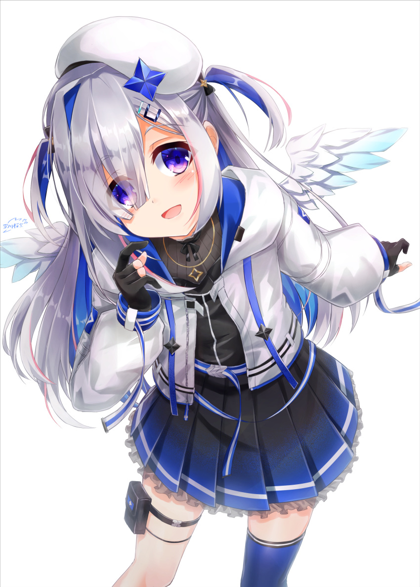 1girl :d absurdres amane_kanata angel_wings asymmetrical_bangs bangs belt beret black_dress black_gloves blue_belt blue_hair blue_legwear blush colored_inner_hair dress feathered_wings gloves gradient gradient_wings hair_ornament hair_over_one_eye hairclip hat highres hololive jacket jewelry leaning_forward long_hair long_sleeves looking_at_viewer multicolored multicolored_hair multicolored_wings necklace open_clothes open_jacket open_mouth partially_fingerless_gloves pink_hair pleated_dress puffy_long_sleeves puffy_sleeves short_dress silver_hair simple_background single_hair_intake single_thighhigh smile solo star_(symbol) star_necklace streaked_hair swept_bangs thigh-highs thigh_pouch two_side_up virtual_youtuber white_background white_headwear white_jacket white_wings wings yukikawa_sara
