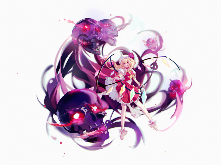 1girl absurdres ascot bare_legs barefoot blonde_hair crystal flandre_scarlet frilled_skirt frills glowing glowing_eyes hat hat_ribbon highres huge_filesize laevatein_(touhou) leg_ribbon mob_cap outstretched_arm puffy_short_sleeves puffy_sleeves red_eyes red_skirt red_vest ribbon ruosin_(heng02201) shirt short_sleeves side_ponytail skirt skull smile solo touhou vest white_shirt wings wrist_ribbon yellow_neckwear