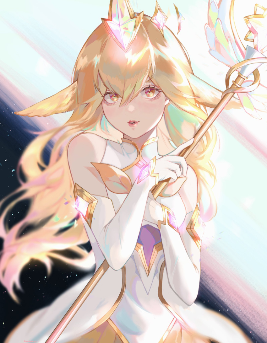 1girl bangs blonde_hair detached_sleeves dress english_commentary floating_hair gloves highres holding holding_staff league_of_legends long_hair looking_at_viewer parted_lips sleeveless sleeveless_dress soraka space staff star_guardian_(league_of_legends) star_guardian_soraka sumi_(suumiko_) very_long_hair white_dress white_gloves yellow_eyes