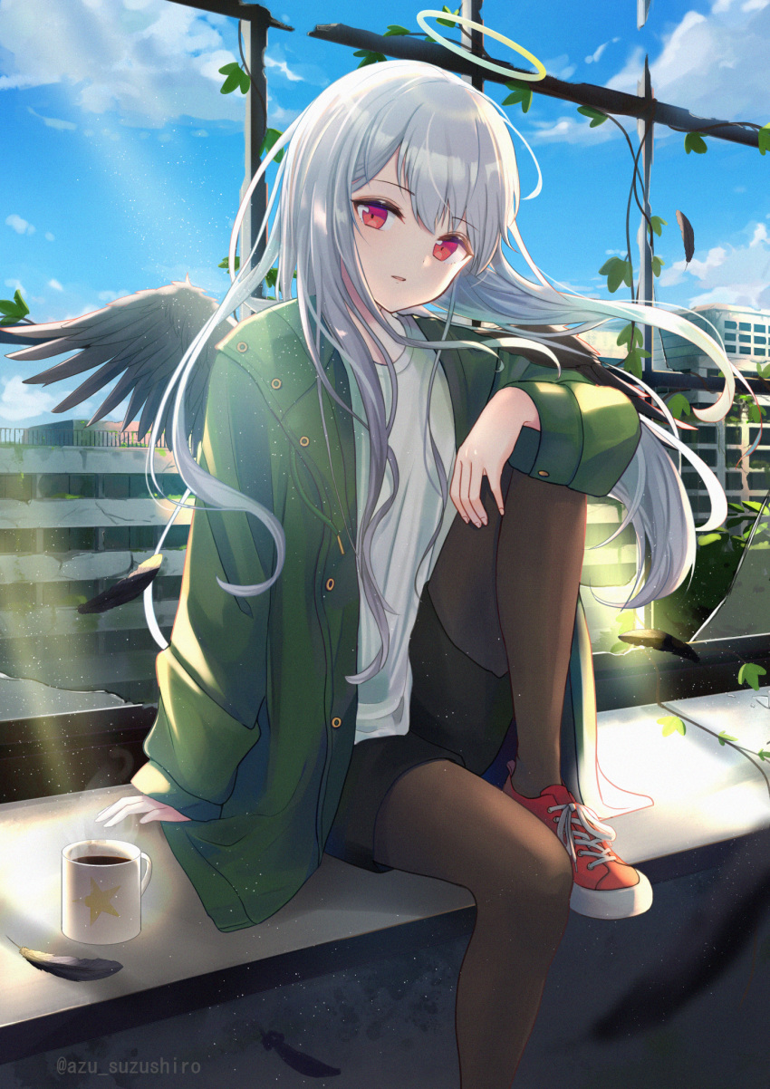 1girl abandoned azuazu_0405 bangs black_feathers black_shorts black_wings broken_window brown_legwear building coffee commentary cup day english_commentary eyebrows_visible_through_hair fallen_angel feathered_wings feathers feet_out_of_frame green_jacket halo highres jacket knee_up legwear_under_shorts long_hair long_sleeves looking_at_viewer mug open_clothes open_jacket original overgrown pantyhose parted_lips railing red_eyes red_footwear ruins shirt shoes short_shorts shorts silver_hair sitting sleeves_past_wrists solo steam twitter_username very_long_hair white_shirt wings