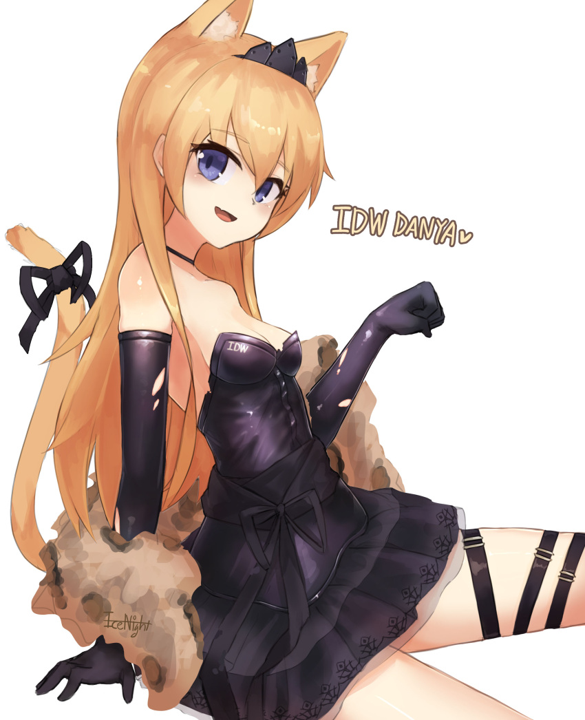 1girl absurdres alternate_hair_length alternate_hairstyle animal_ears black_dress black_gloves blonde_hair blue_eyes breasts cat_ears cat_tail dress elbow_gloves evening_gown girls_frontline gloves highres icenight idw_(girls'_frontline) official_alternate_costume paw_pose small_breasts solo tail