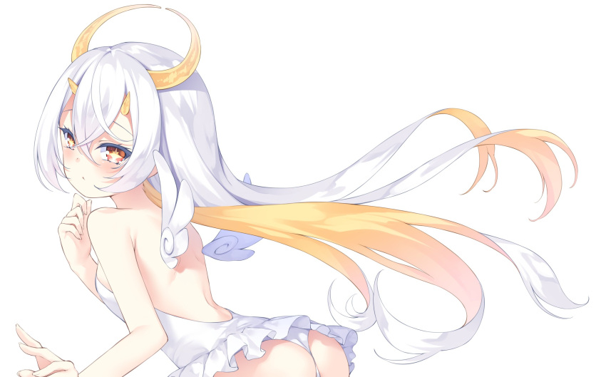 +_+ 1girl angel_wings ass back bangs bare_arms bare_shoulders blonde_hair brown_eyes chiyonekoko colored_inner_hair commentary demon_horns frilled_legwear hair_between_eyes highres horns leaning_forward leotard long_hair looking_at_viewer looking_back multicolored_hair multiple_horns original simple_background solo standing very_long_hair white_background white_hair white_leotard wings